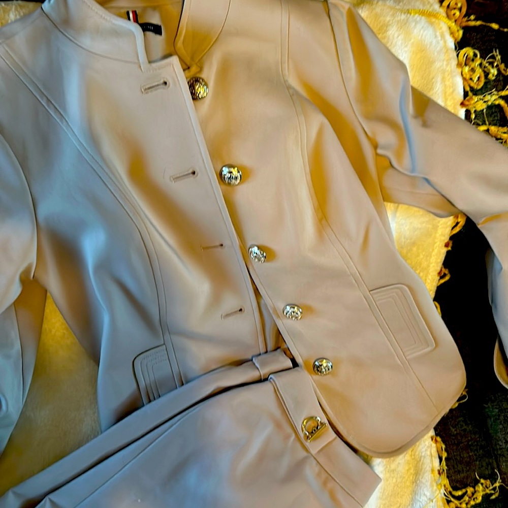 Mandarin collared, long  sleeved blazer, pencil skirt, set by Tommy Hilfiger.